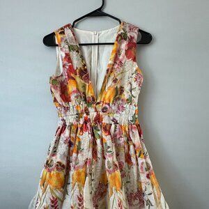 Zimmermann Sleeveless Linen Dress with Deep V & Floral Print